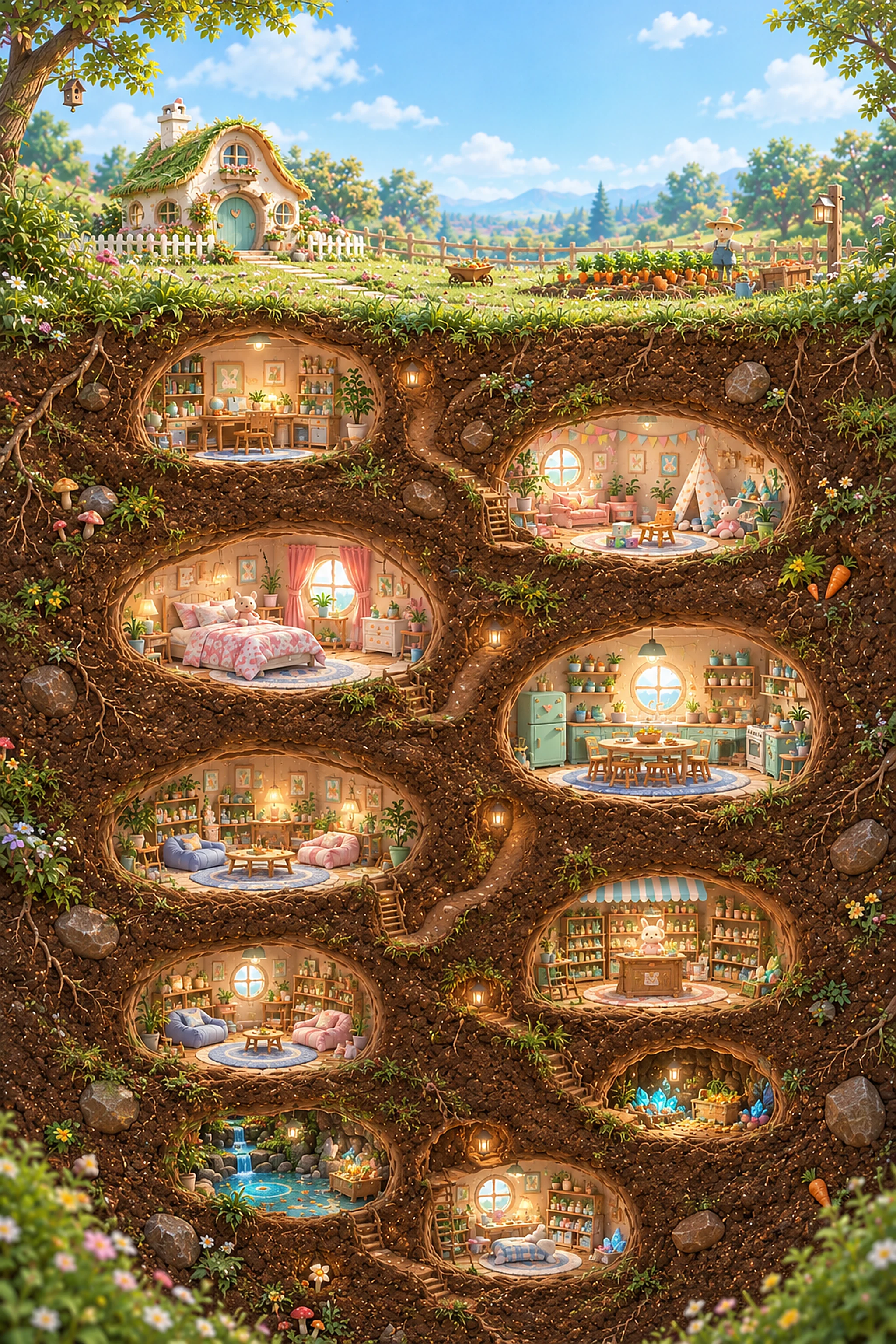 Cut-away view of Melon and Momo's garden and underground burrow, with cozy rooms connected by winding tunnels
